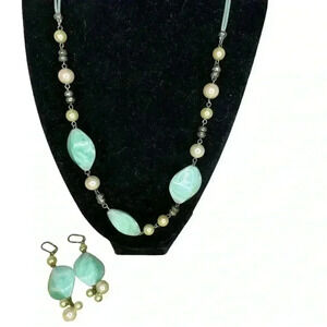 Faux Turquoise and Pearl Vintage Fantasia Necklace with Matching Earrings